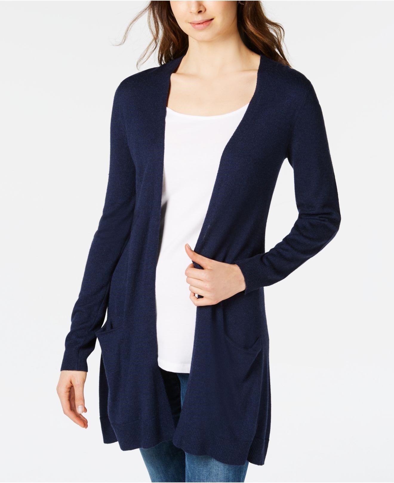 Cardigan feminino Maison Jules com frente aberta, azul, tamanho extrapequeno