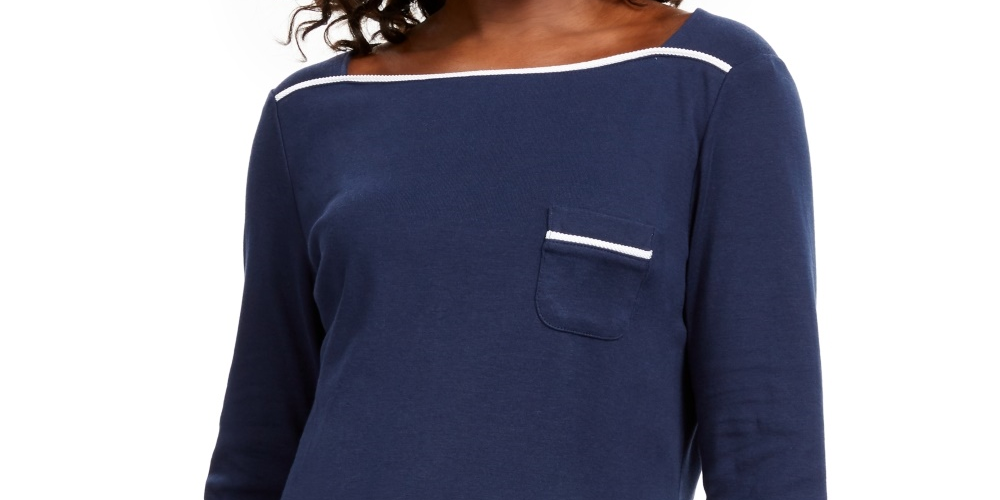 Camiseta feminina Karen Scott com acabamento em viés, tamanho azul-marinho, pequena e grande