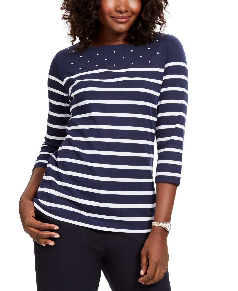 Camiseta feminina listrada com decote canoa Karen Scott, azul, tamanho pequeno grande