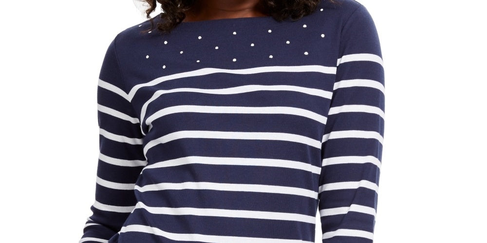 Camiseta feminina listrada com decote canoa Karen Scott, azul, tamanho pequeno grande