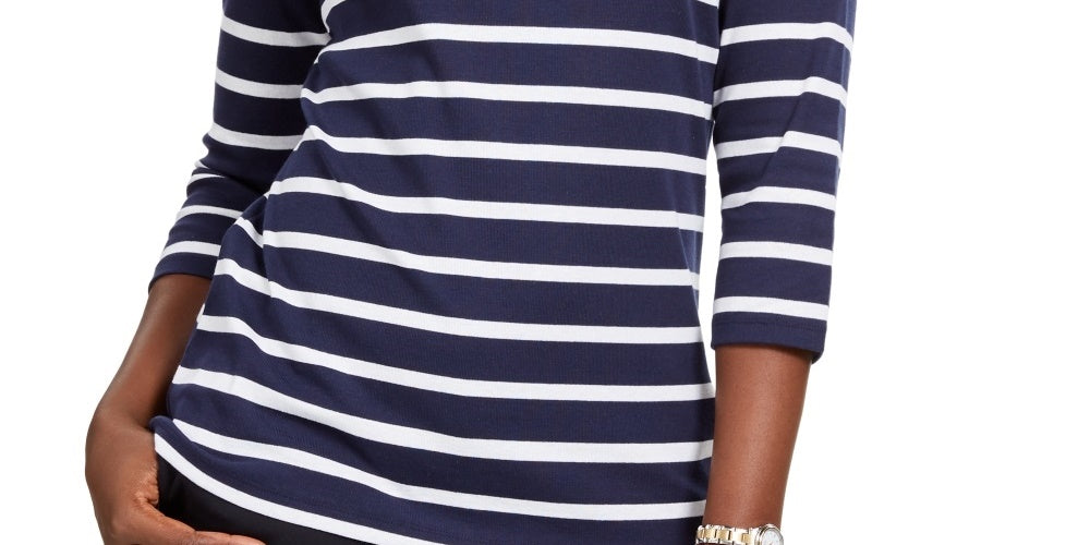 Camiseta feminina listrada com decote canoa Karen Scott, azul, tamanho pequeno grande