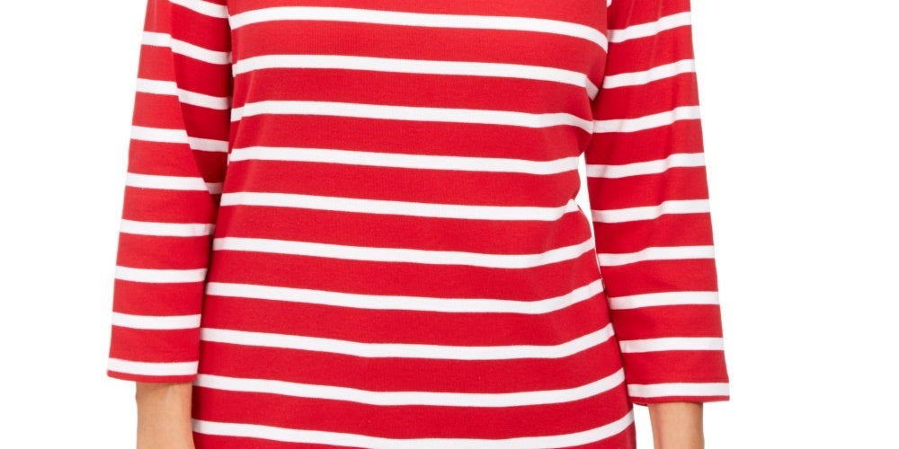 Camiseta feminina Karen Scott Petite Listrada com decote canoa, vermelha, tamanho médio
