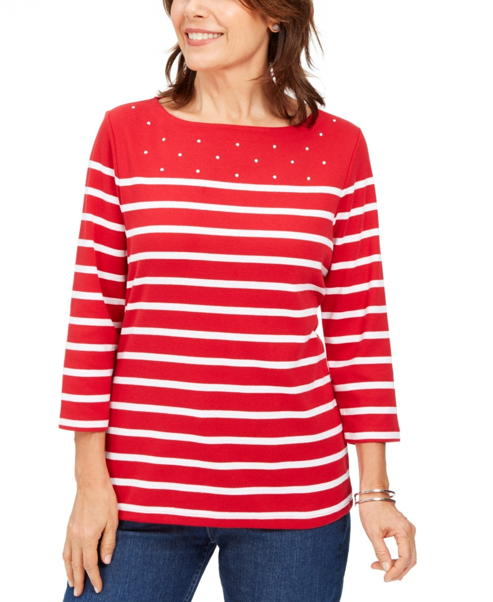 Camiseta feminina listrada com decote canoa Karen Scott, vermelha, tamanho pequeno, pequeno a médio