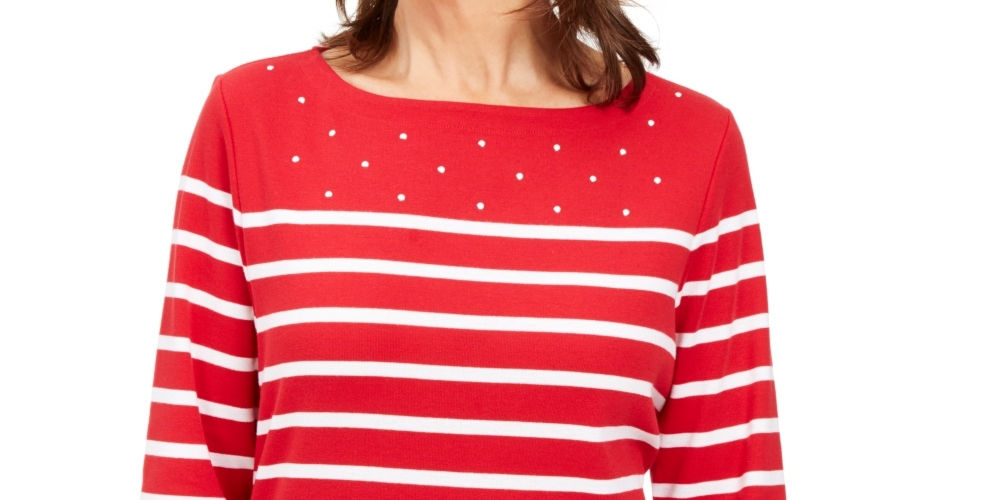 Camiseta feminina listrada com decote canoa Karen Scott, vermelha, tamanho pequeno, pequeno a médio