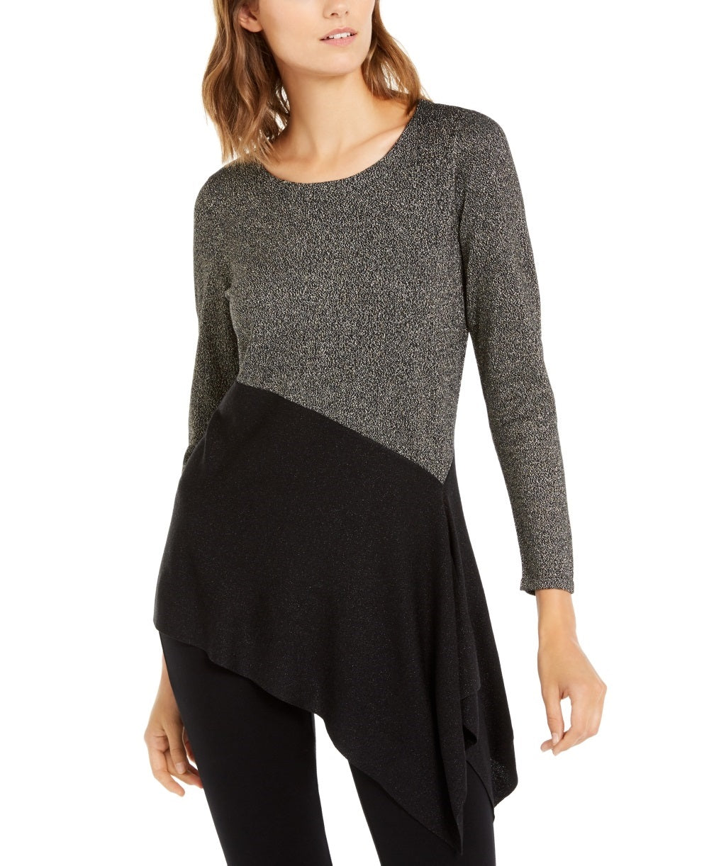 Alfani Suéter assimétrico com blocos de cores feminino, tamanho pequeno, preto, grande