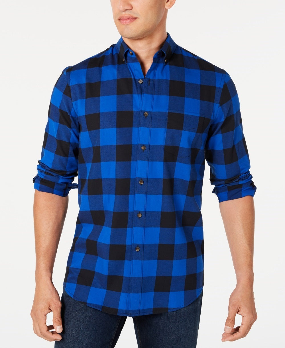 Camisa de flanela xadrez de algodão escovado e elástico masculina Club Room, tamanho marinho, pequeno