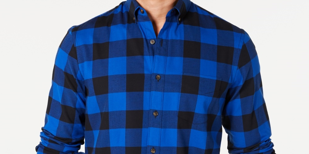 Camisa de flanela xadrez de algodão escovado e elástico masculina Club Room, tamanho marinho, pequeno