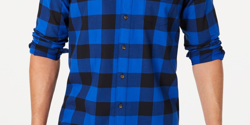 Camisa de flanela xadrez de algodão escovado e elástico masculina Club Room, tamanho marinho, pequeno