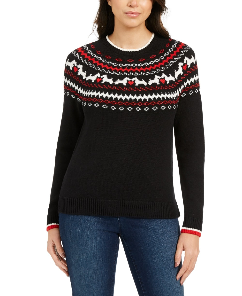 Suéter feminino Charter Club Fair Isle com gola redonda, preto, tamanho pequeno, extragrande