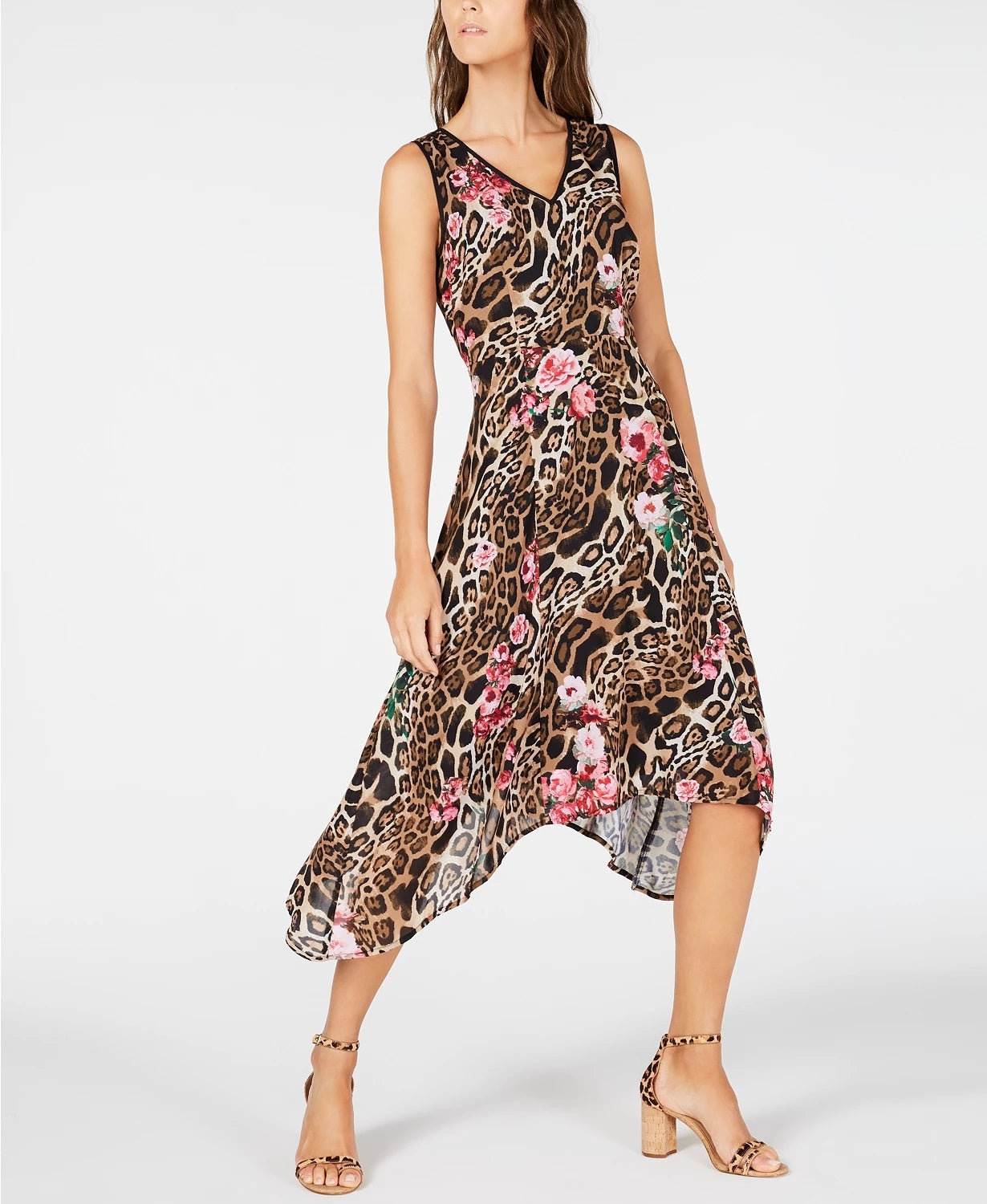 Vestido midi trapézio bege estampado sem mangas com decote em V, tamanho 4, dourado, da INC International Concepts