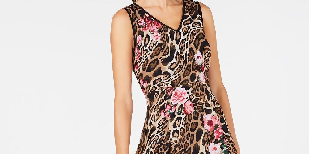 Vestido midi trapézio bege estampado sem mangas com decote em V, tamanho 4, dourado, da INC International Concepts