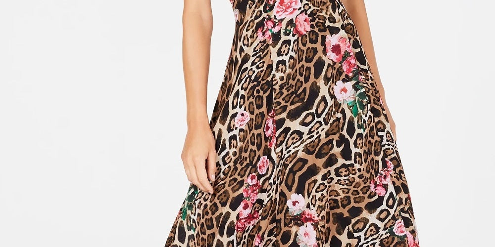 Vestido midi trapézio bege estampado sem mangas com decote em V, tamanho 4, dourado, da INC International Concepts