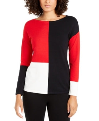 Blusa feminina Alfani com estampa de blocos de cores e ombros caídos, vermelha, tamanho pequeno