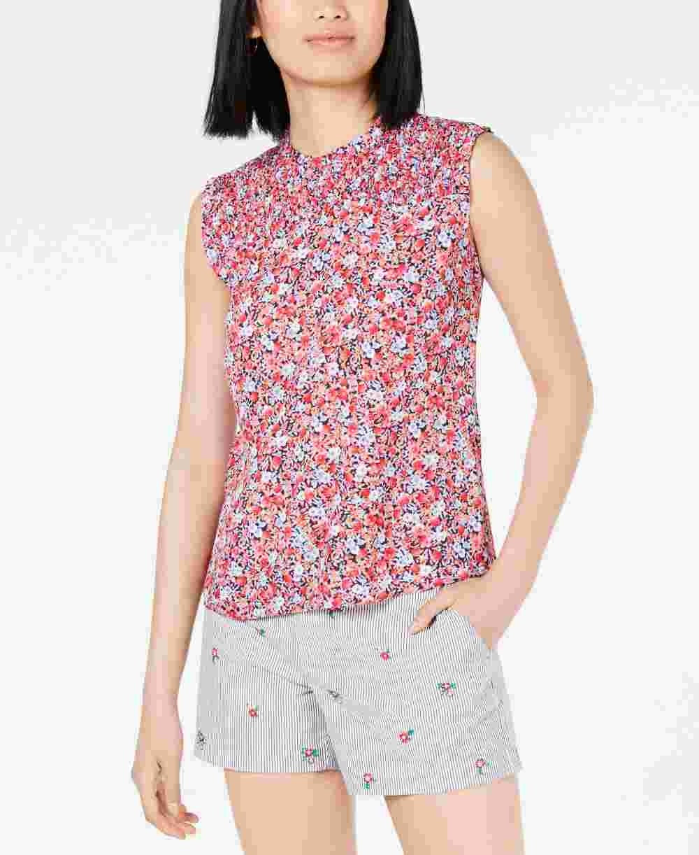 Blusa feminina sem mangas Maison Jules com estampa e gola franzida, azul-marinho, tamanho pequeno
