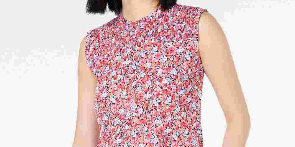 Blusa feminina sem mangas Maison Jules com estampa e gola franzida, azul-marinho, tamanho pequeno