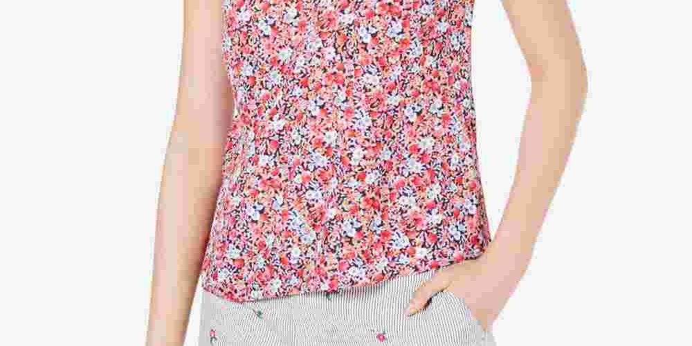 Blusa feminina sem mangas Maison Jules com estampa e gola franzida, azul-marinho, tamanho pequeno