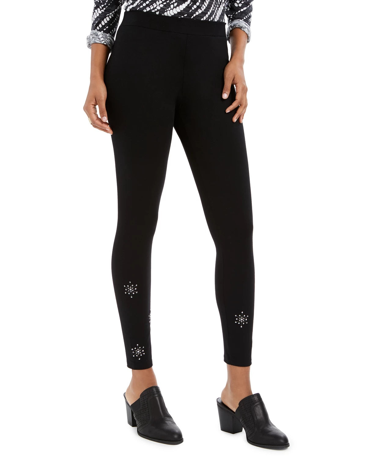 Leggings femininas com floco de neve e detalhes em preto, tamanho pequeno