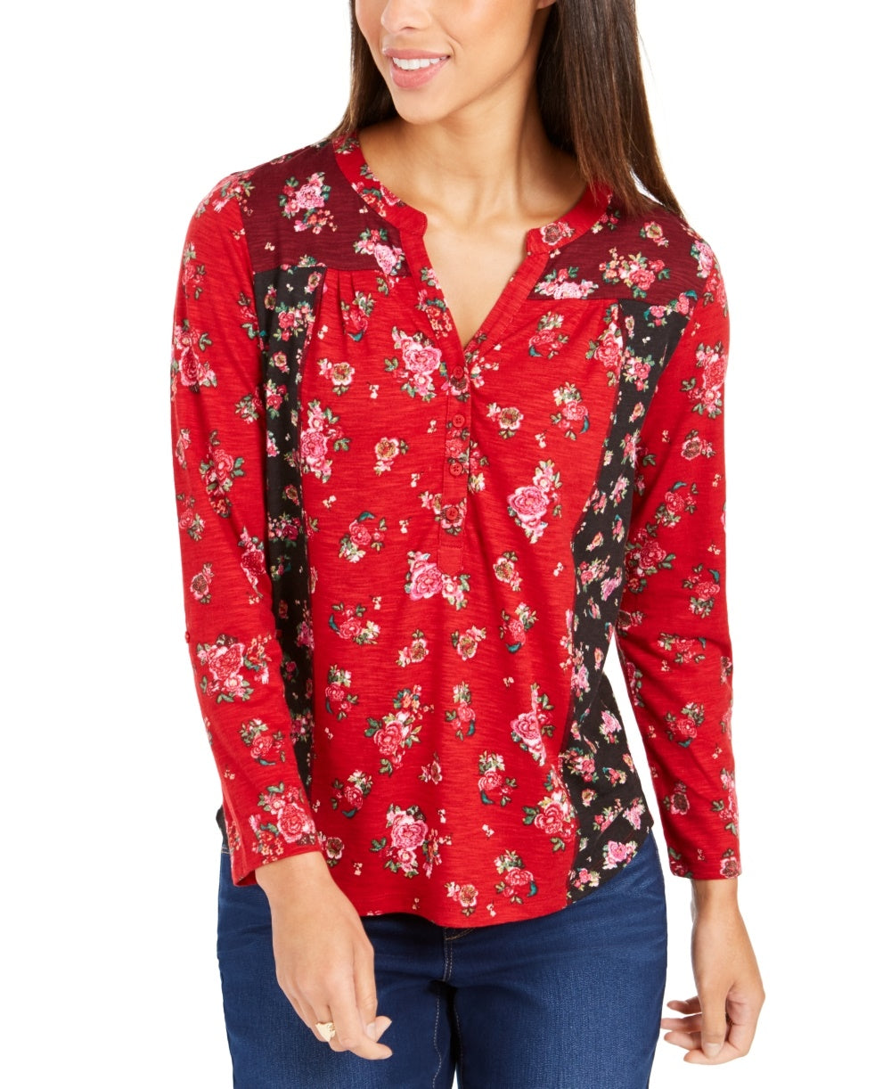 Blusa feminina com estampa floral e botões, tamanho pequeno, vermelha, estilo &amp; co