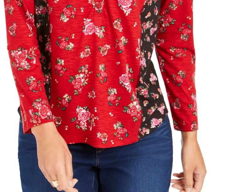 Blusa feminina com estampa floral e botões, tamanho pequeno, vermelha, estilo &amp; co