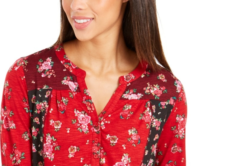 Blusa feminina com estampa floral e botões, tamanho pequeno, vermelha, estilo &amp; co