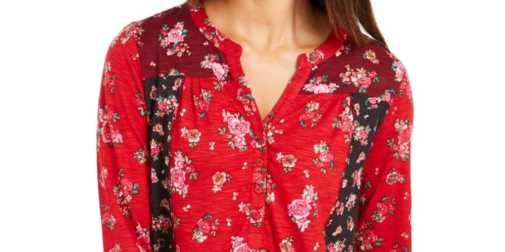 Blusa feminina com estampa floral e botões estilo Style &amp; Co Timely Rose Red, tamanho pequeno médio