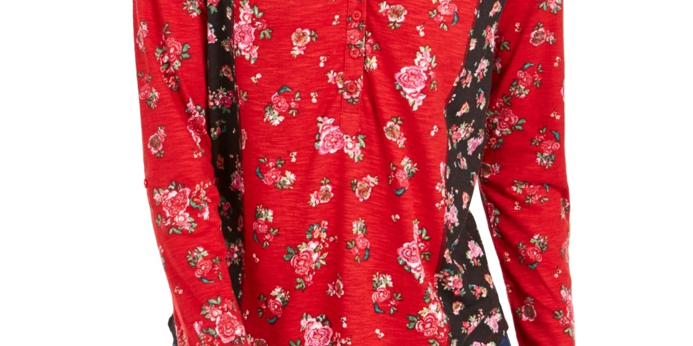 Blusa feminina com estampa floral e botões estilo Style &amp; Co Timely Rose Red, tamanho pequeno médio