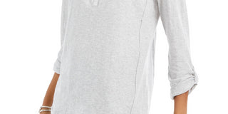 Style & Co Women's Velvet Yoke Embroidered Top Grey Size Petite Large