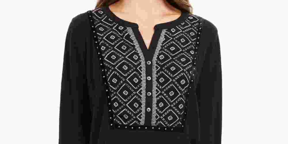 Blusa feminina estampada com mangas bufantes e abas estilo &amp; co, preta, tamanho pequeno médio