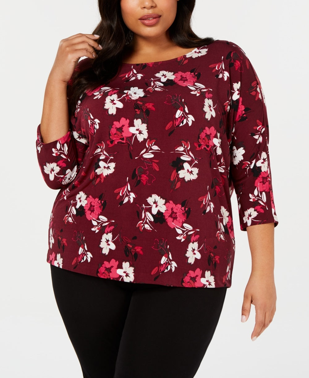 Blusa feminina Alfani Plus Size estampada 3-4 mangas tamanho 0X vermelha