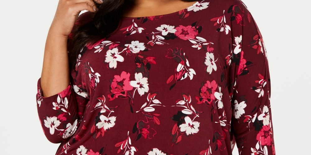 Blusa feminina Alfani Plus Size estampada 3-4 mangas tamanho 0X vermelha