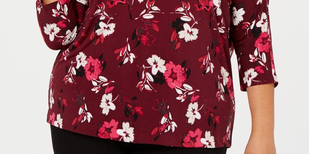 Blusa feminina Alfani Plus Size estampada 3-4 mangas tamanho 0X vermelha