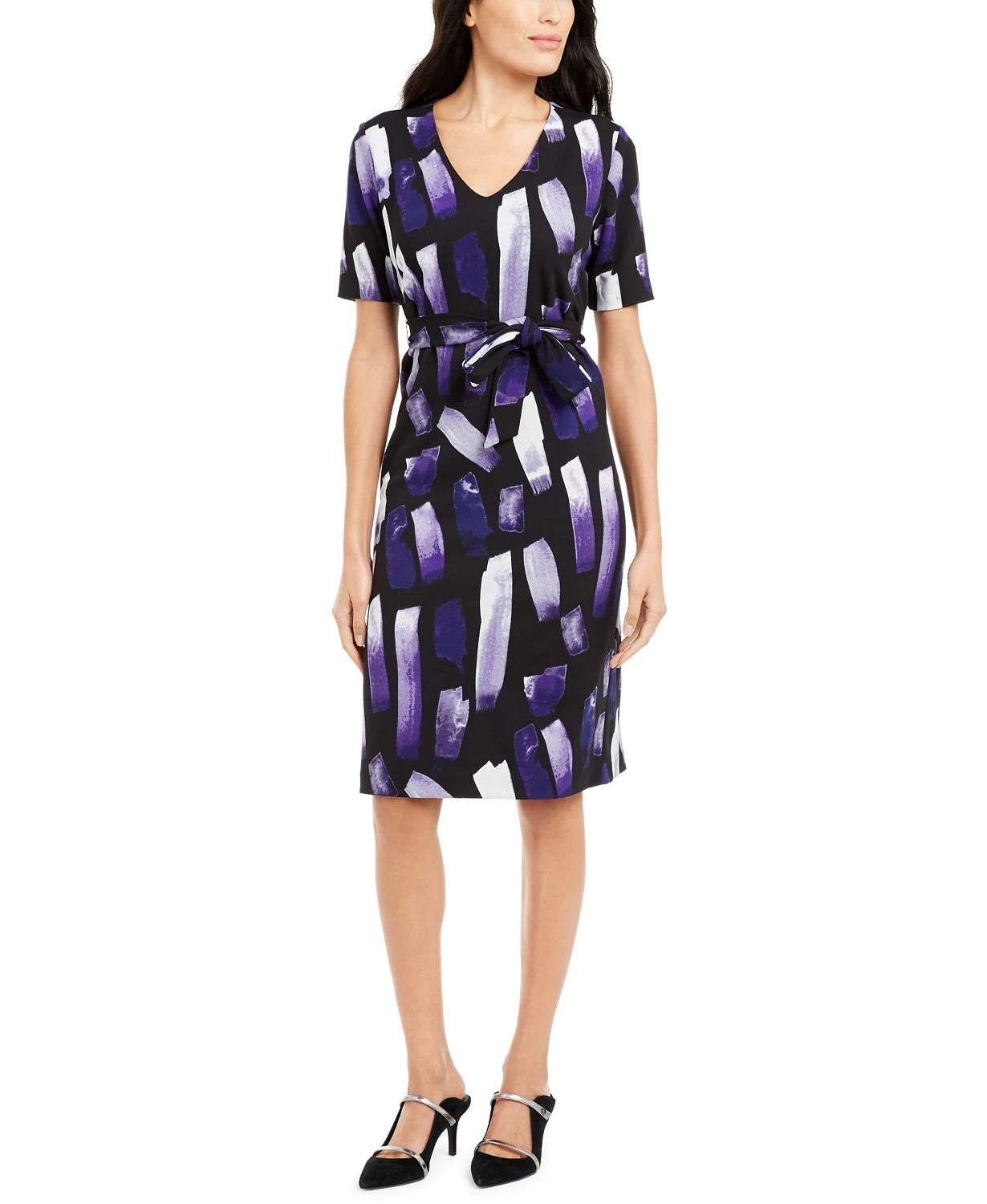 Vestido feminino Alfani estampado com amarração na cintura, roxo, tamanho médio