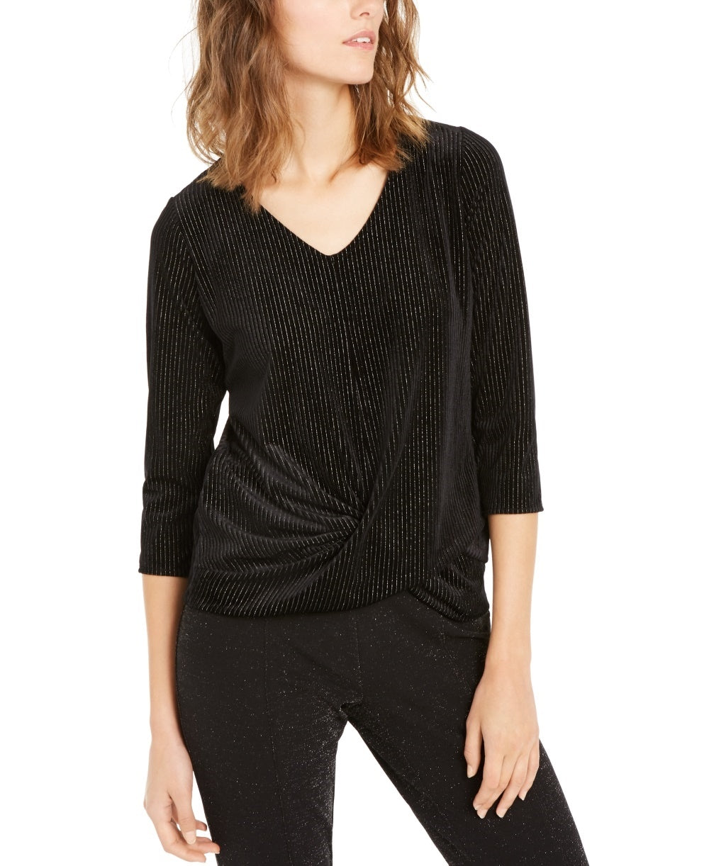 Blusa feminina Alfani com listras e decote em V, manga 3/4, preta, tamanho grande