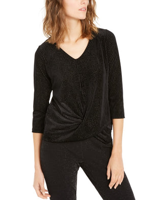 Blusa feminina Alfani com listras e decote em V, manga 3/4, preta, tamanho grande