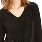 Blusa feminina Alfani com listras e decote em V, manga 3/4, preta, tamanho grande