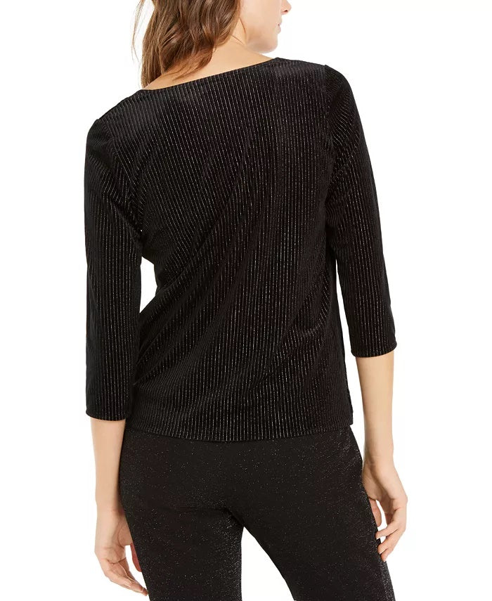 Blusa feminina Alfani com listras metálicas e torção frontal, preta, tamanho pequeno