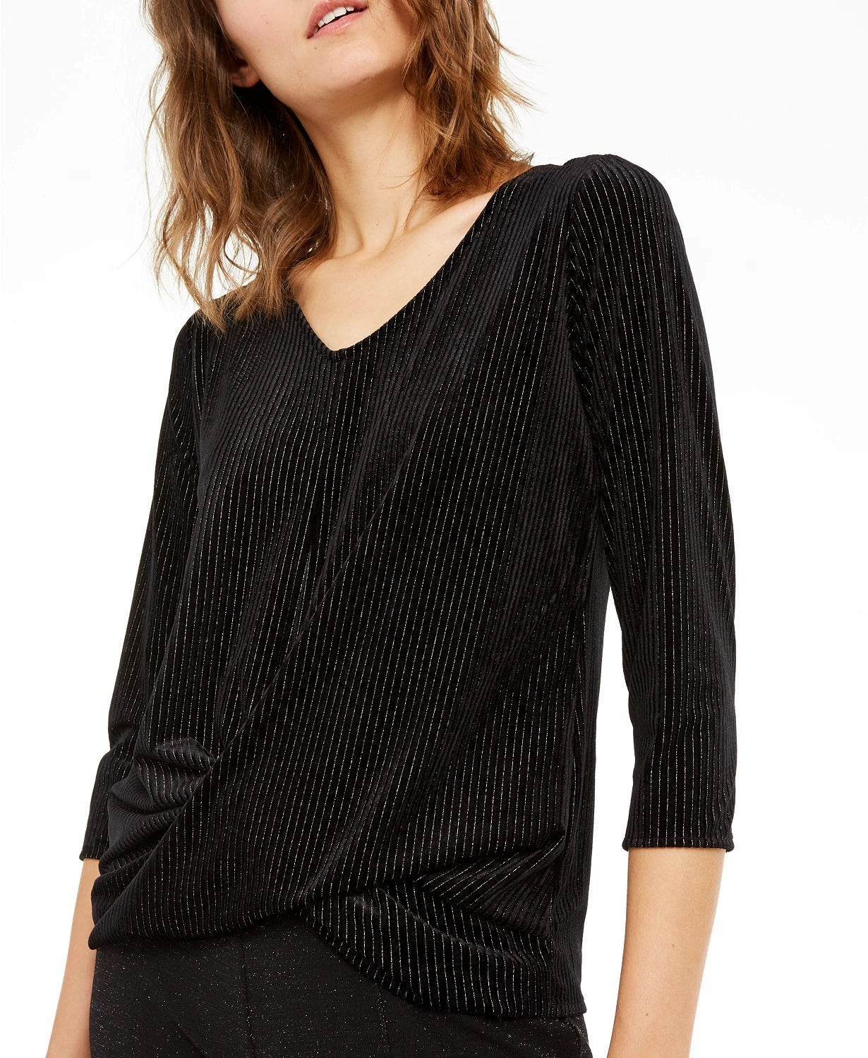 Blusa feminina Alfani com listras metálicas e torção frontal, preta, tamanho pequeno