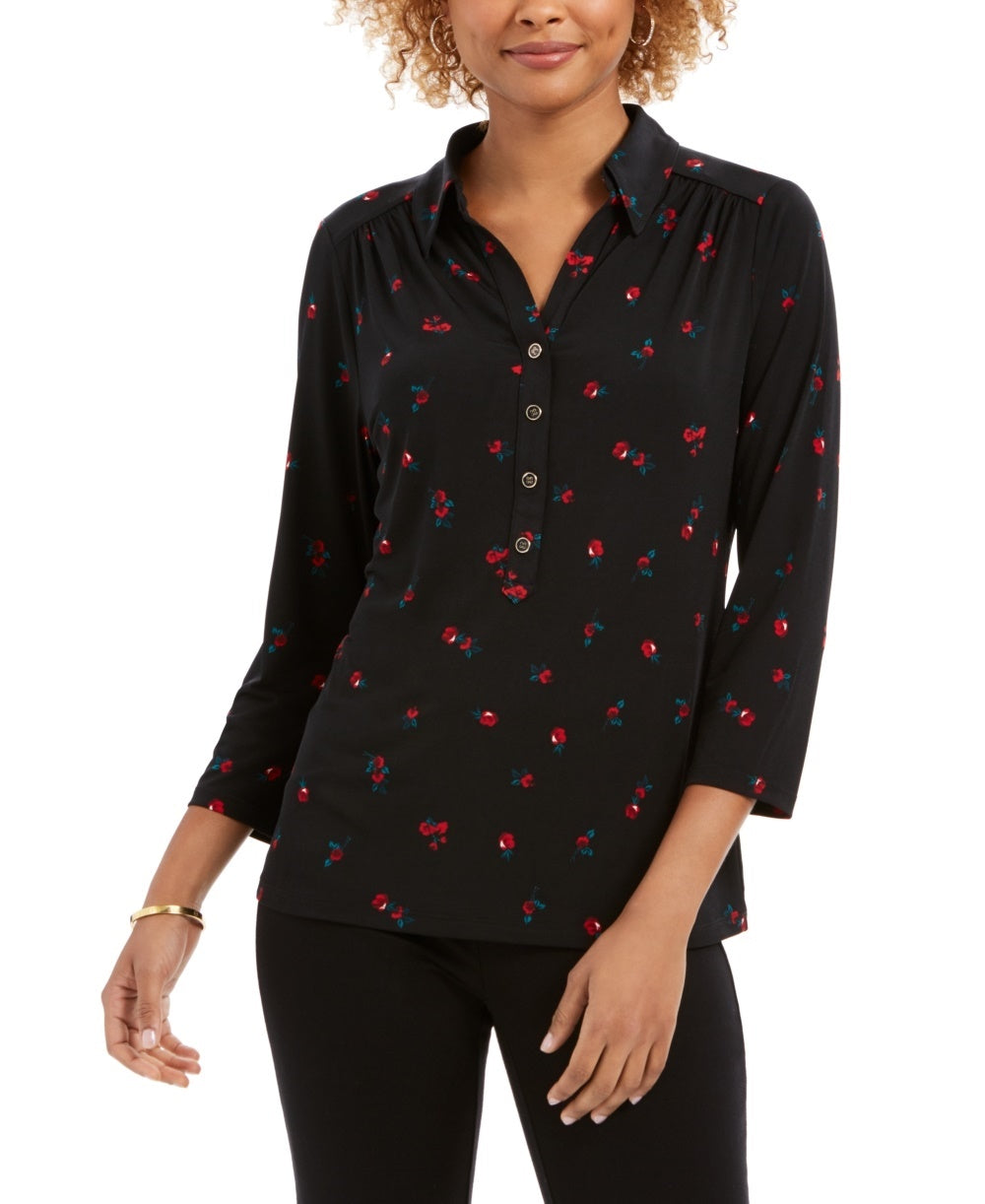 Camisa polo feminina Charter Club com estampa de manga 3/4, preta, tamanho X-S