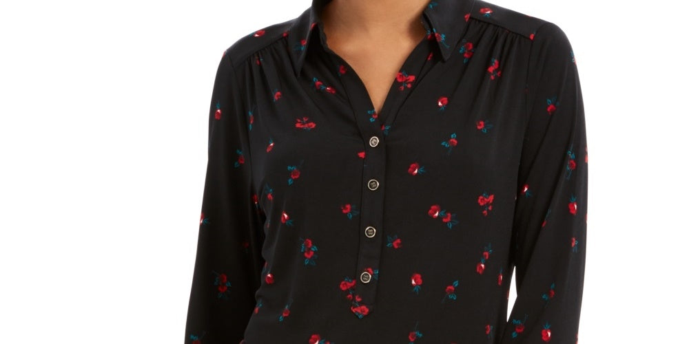 Camisa polo feminina Charter Club com estampa de manga 3/4, preta, tamanho X-S