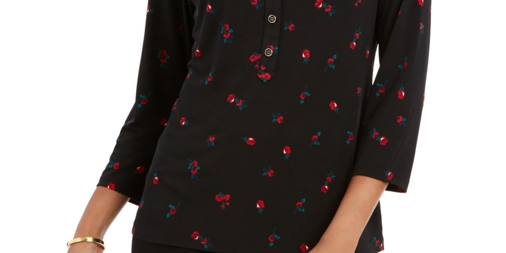 Camisa polo feminina Charter Club com estampa de manga 3/4, preta, tamanho X-S