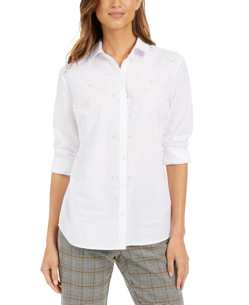 Camisa feminina Charter Club com pérolas artificiais, branca, tamanho grande