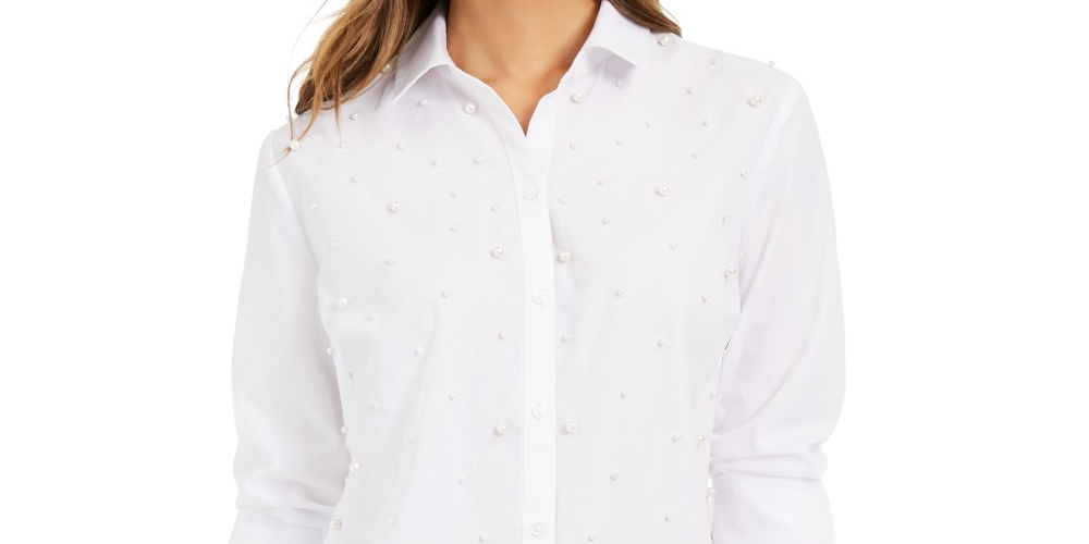 Camisa feminina Charter Club com pérolas artificiais, branca, tamanho grande