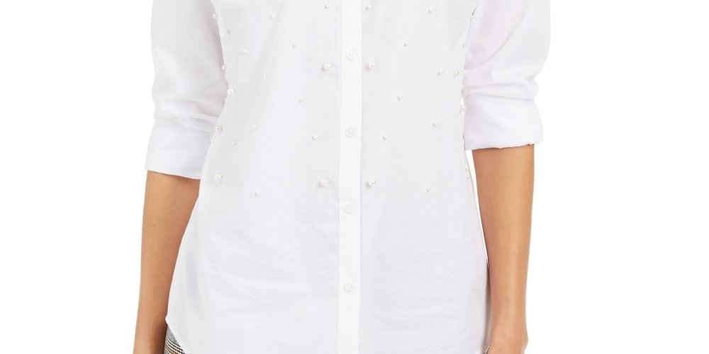 Camisa feminina Charter Club com pérolas artificiais, branca, tamanho grande