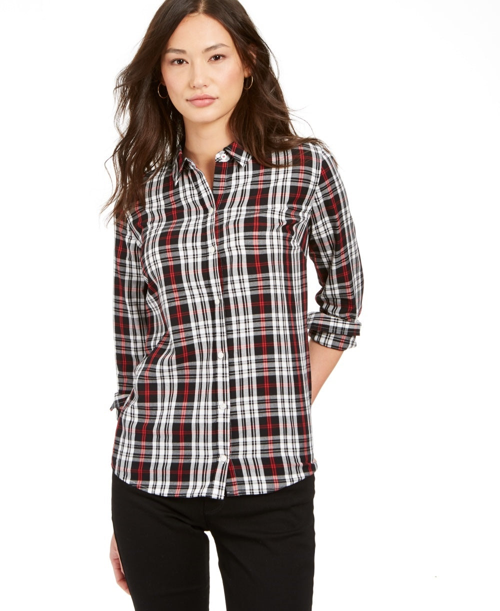 Camisa xadrez feminina Charter Club de algodão, preta, tamanho extragrande