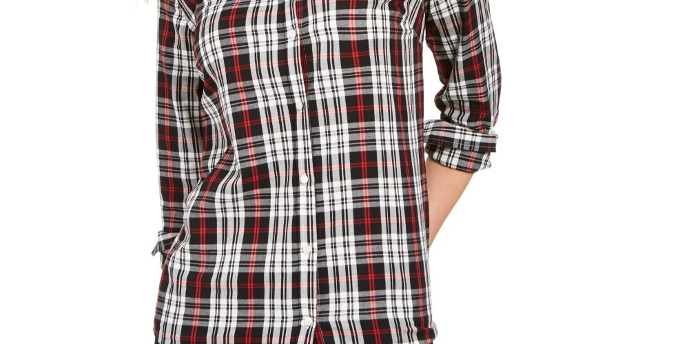 Camisa xadrez feminina Charter Club de algodão, preta, tamanho extragrande