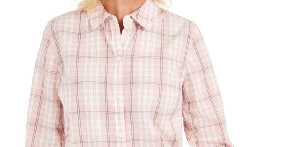 Camisa xadrez de algodão feminina Charter Club com botões, rosa, tamanho pequeno, pequeno a médio