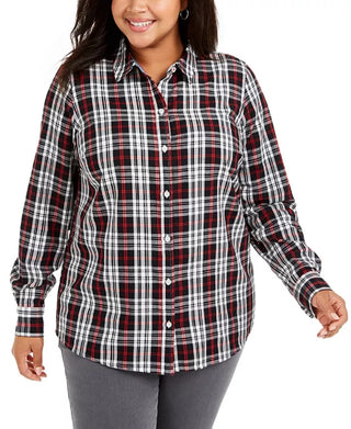 Charter Club Women's Ilanna Cotton Plaid Button Up Shirt Black Size 3X