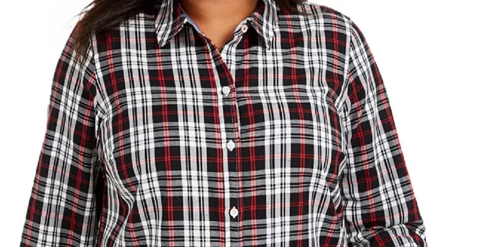Camisa xadrez de algodão Ilanna feminina Charter Club, preta, tamanho 3X