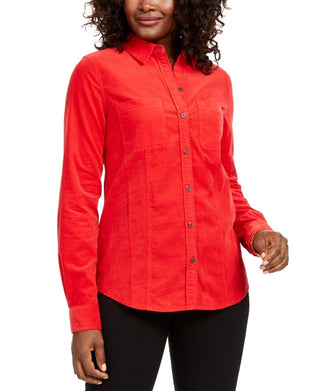 Charter Club Women's Petite Button-Down Cotton Corduroy Shirt Red Size -Petite Large