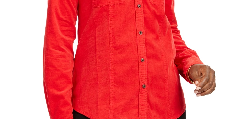 Camisa feminina Charter Club Petite com botões em veludo cotelê de algodão, vermelha, tamanho pequeno grande